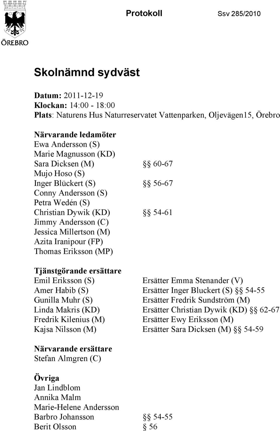 (FP) Thomas Eriksson (MP) Tjänstgörande ersättare Emil Eriksson (S) Ersätter Emma Stenander (V) Amer Habib (S) Ersätter Inger Bluckert (S) 54-55 Gunilla Muhr (S) Ersätter Fredrik Sundström (M) Linda