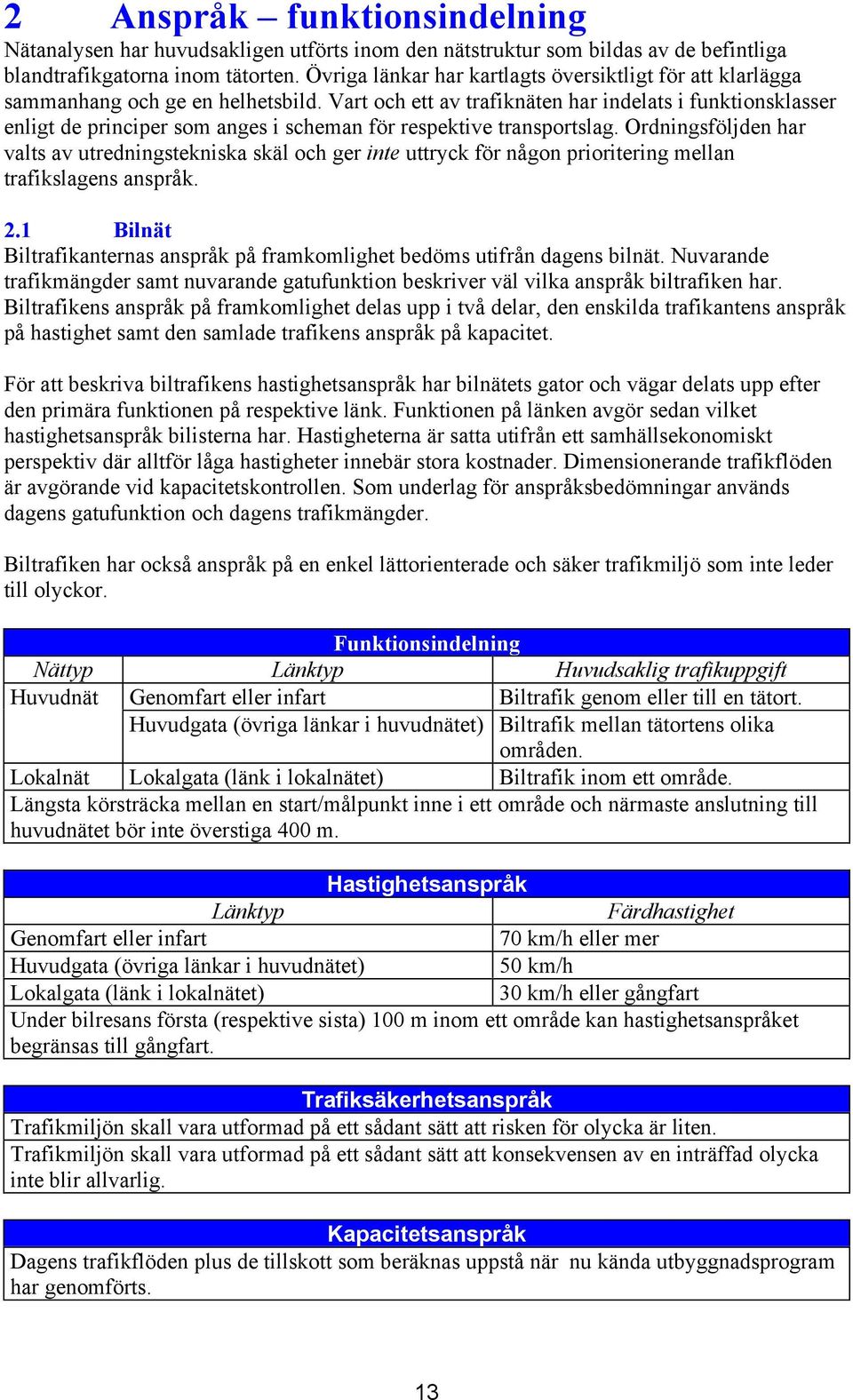 Vart och ett av trafiknäten har indelats i funktionsklasser enligt de principer som anges i scheman för respektive transportslag.