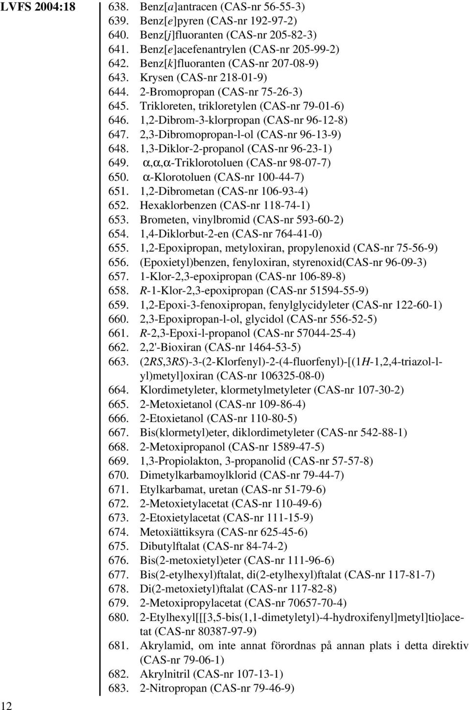 1,2-Dibrom-3-klorpropan (CAS-nr 96-12-8) 647. 2,3-Dibromopropan-l-ol (CAS-nr 96-13-9) 648. 1,3-Diklor-2-propanol (CAS-nr 96-23-1) 649. α,α,α-triklorotoluen (CAS-nr 98-07-7) 650.