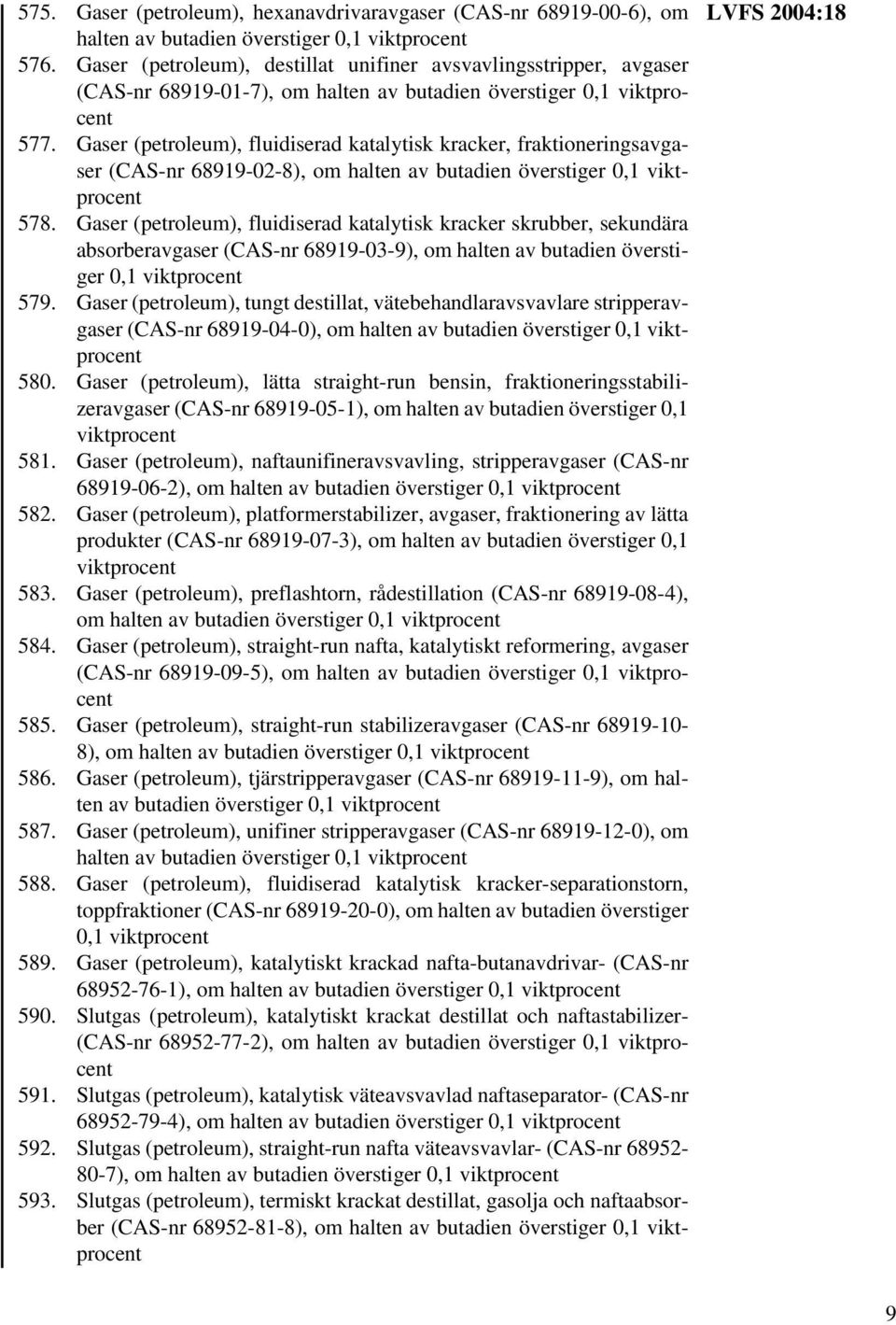 Gaser (petroleum), fluidiserad katalytisk kracker, fraktioneringsavgaser (CAS-nr 68919-02-8), om halten av butadien överstiger 578.