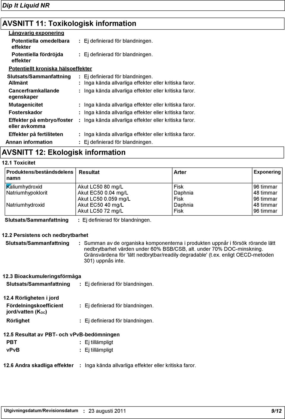 : Inga kända allvarliga effekter eller kritiska faror. : Inga kända allvarliga effekter eller kritiska faror. : Inga kända allvarliga effekter eller kritiska faror. : Inga kända allvarliga effekter eller kritiska faror. : Inga kända allvarliga effekter eller kritiska faror. AVSNITT 12: Ekologisk information 12.