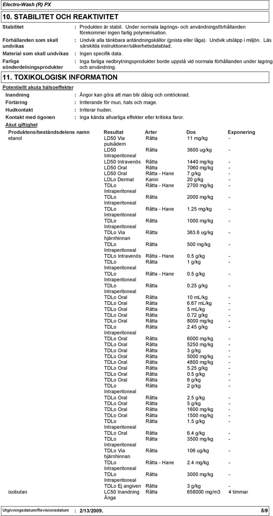 Läs särskilda instruktioner/säkerhetsdatablad. Ingen specifik data. Inga farliga nedbrytningsprodukter borde uppstå vid normala förhållanden under lagring och användning.