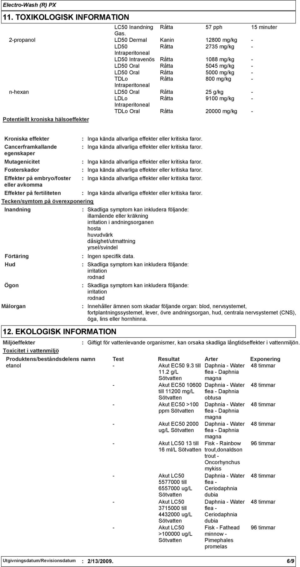 LDLo Råtta 9100 mg/kg Oral Råtta 20000 mg/kg Potentiellt kroniska hälsoeffekter Kroniska effekter Cancerframkallande egenskaper Målorgan Inga kända allvarliga effekter eller kritiska faror.