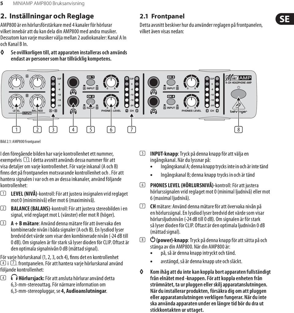 1: AMP800 frontpanel I den föregående bilden har varje kontrollenhet ett nummer, exempelvis (1). I detta avsnitt används dessa nummer för att visa detaljer om varje kontrollenhet.