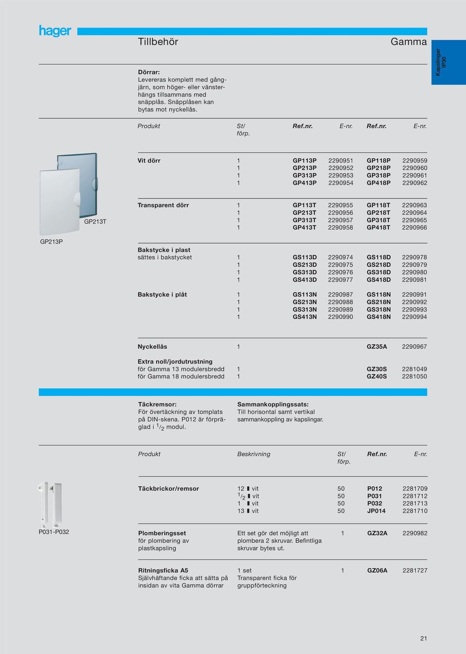 Vit dörr GP3P 229095 GP23P 2290952 GP33P 2290953 GP43P 2290954 GP8P 2290959 GP28P 2290960 GP38P 229096 GP48P 2290962 GP23T Transparent dörr GP3T 2290955 GP23T 2290956 GP33T 2290957 GP43T 2290958 GP8T