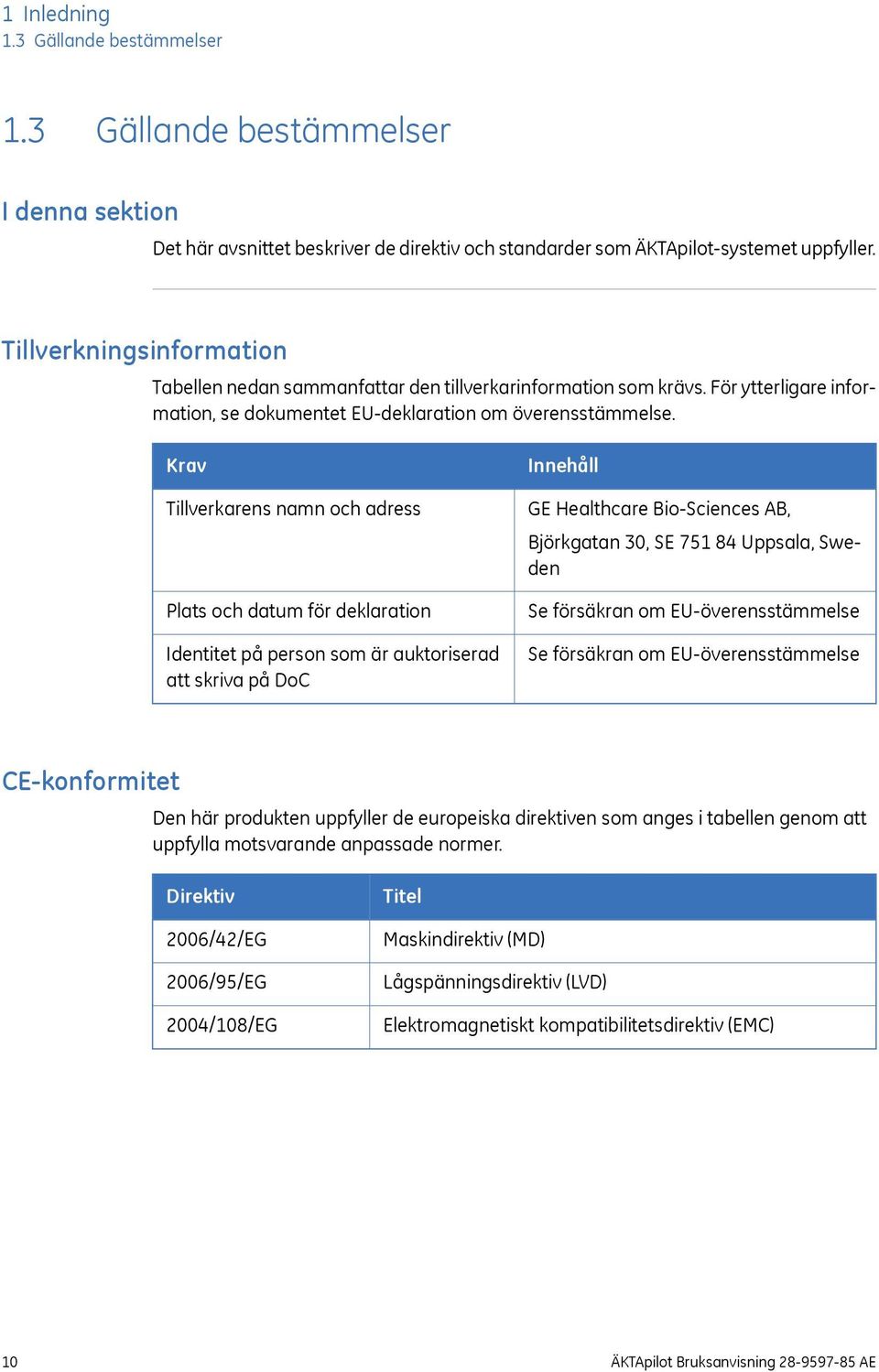 Krav Tillverkarens namn och adress Plats och datum för deklaration Identitet på person som är auktoriserad att skriva på DoC Innehåll GE Healthcare Bio-Sciences AB, Björkgatan 30, SE 751 84 Uppsala,