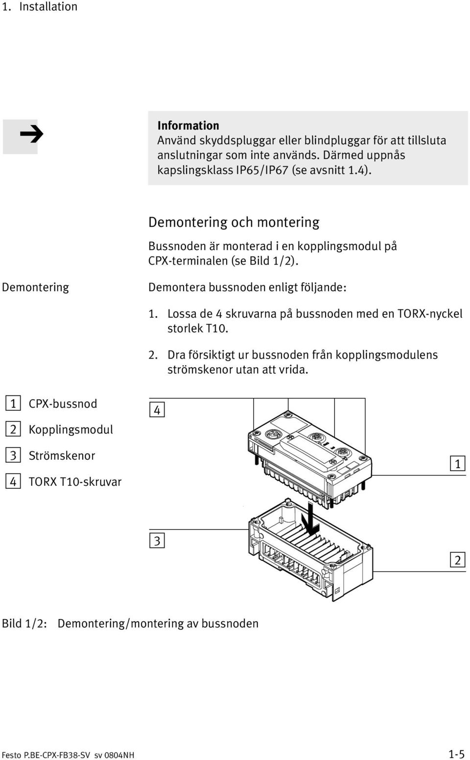 Demontering och montering Bussnoden är monterad i en kopplingsmodul på CPX terminalen (se Bild1/2).