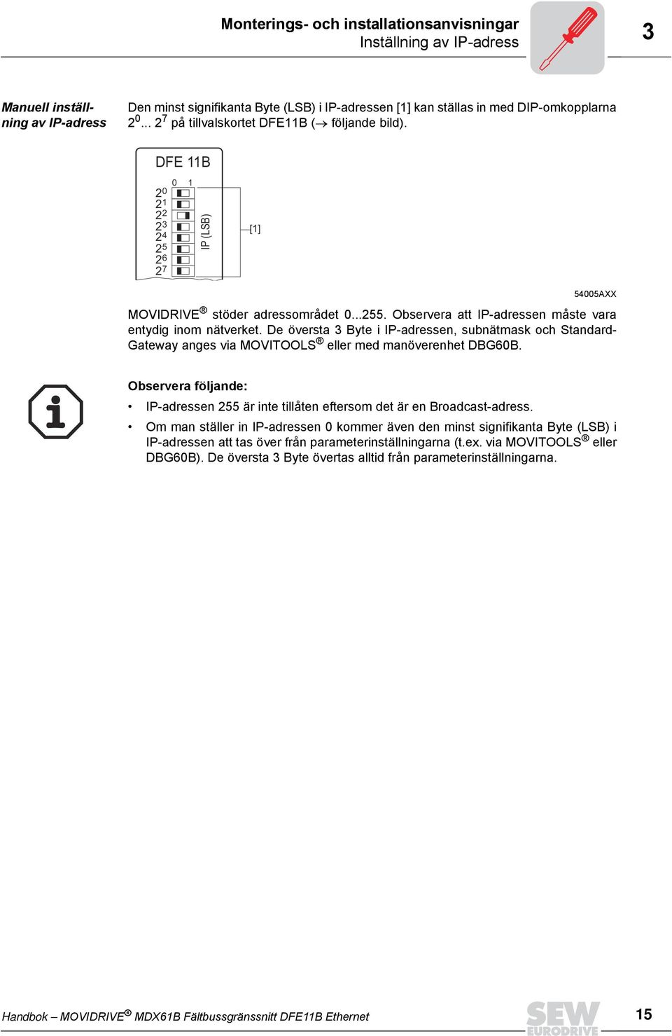 Observera att IP-adressen måste vara entydig inom nätverket. De översta 3 Byte i IP-adressen, subnätmask och Standard- Gateway anges via MOVITOOLS eller med manöverenhet DBG60B.