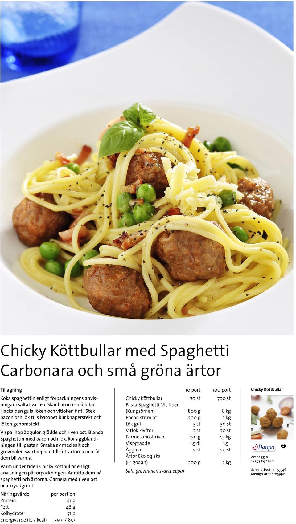 Smaka av med salt och grovmalen svartpeppar. Tillsätt ärtorna och låt dem bli varma. Värm under tiden Chicky köttbullar enligt anvisningen på förpackningen. Anrätta dem på spaghetti och ärtorna.