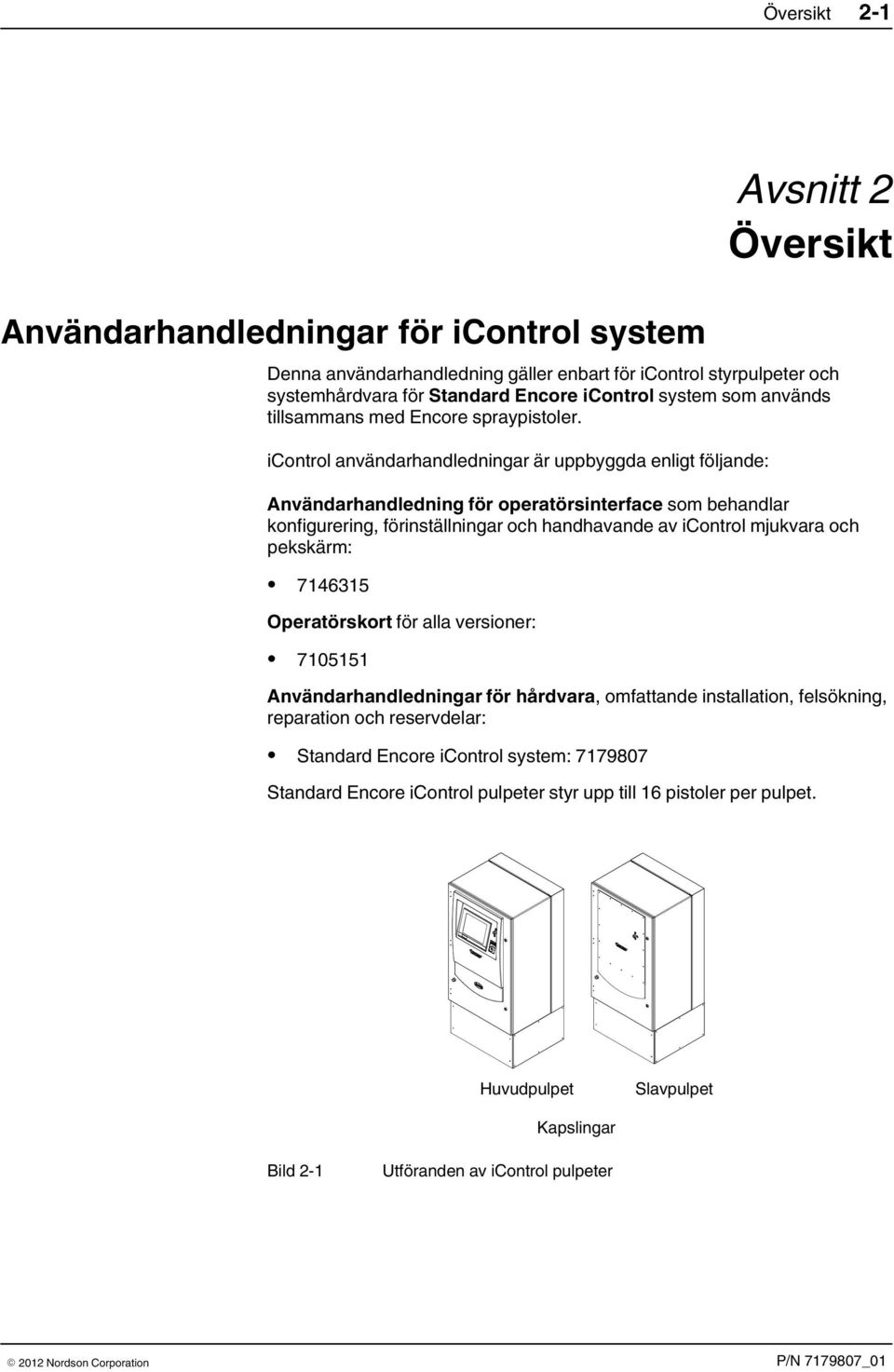 icontrol användarhandledningar är uppbyggda enligt följande: Användarhandledning för operatörsinterface som behandlar konfigurering, förinställningar och handhavande av icontrol mjukvara och