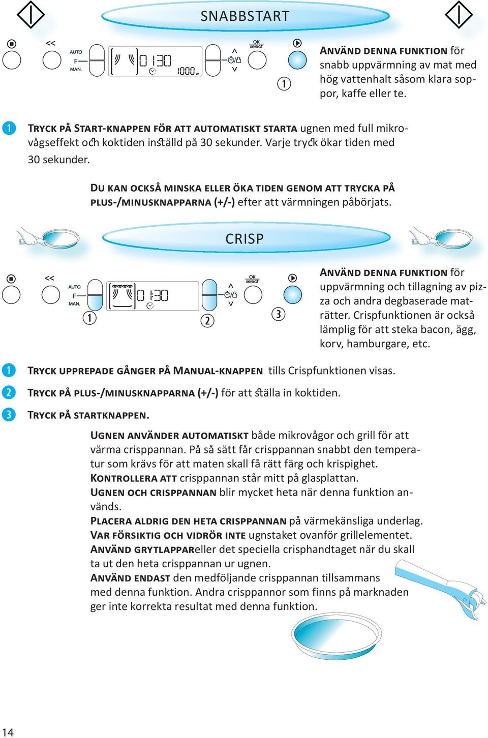 Crispfunktionen är också lämplig för att steka bacon, ägg, korv, hamburgare, etc. U både mikrovågor och grill för att värma crisppannan.