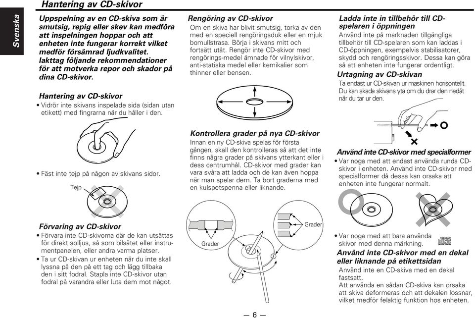 Hantering av CD-skivor Vidrör inte skivans inspelade sida (sidan utan etikett) med fingrarna när du håller i den.