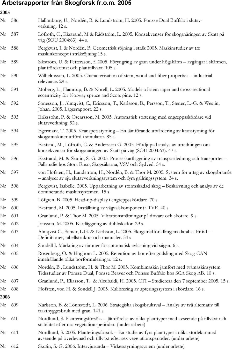 Nr 589 Sikström, U. & Pettersson, f. 2005. Föryngring av gran under högskärm avgångar i skärmen, plantförekomst och planttillväxt. 105 s. Nr 590 Wilhelmsson, L. 2005. Characterisation of stem, wood and fiber properties industrial relevance.
