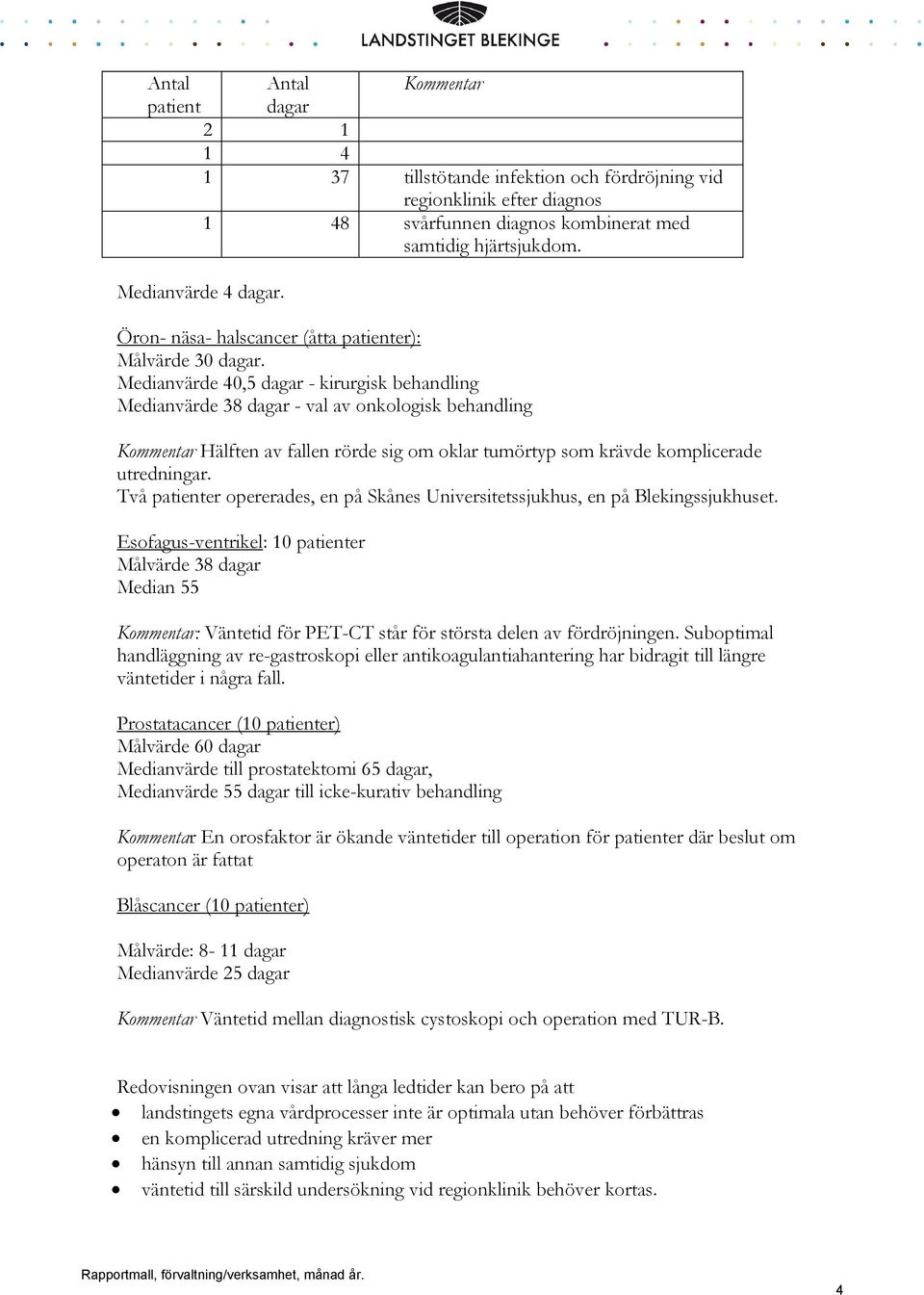 Medianvärde 40,5 dagar - kirurgisk behandling Medianvärde 38 dagar - val av onkologisk behandling Kommentar Hälften av fallen rörde sig om oklar tumörtyp som krävde komplicerade utredningar.