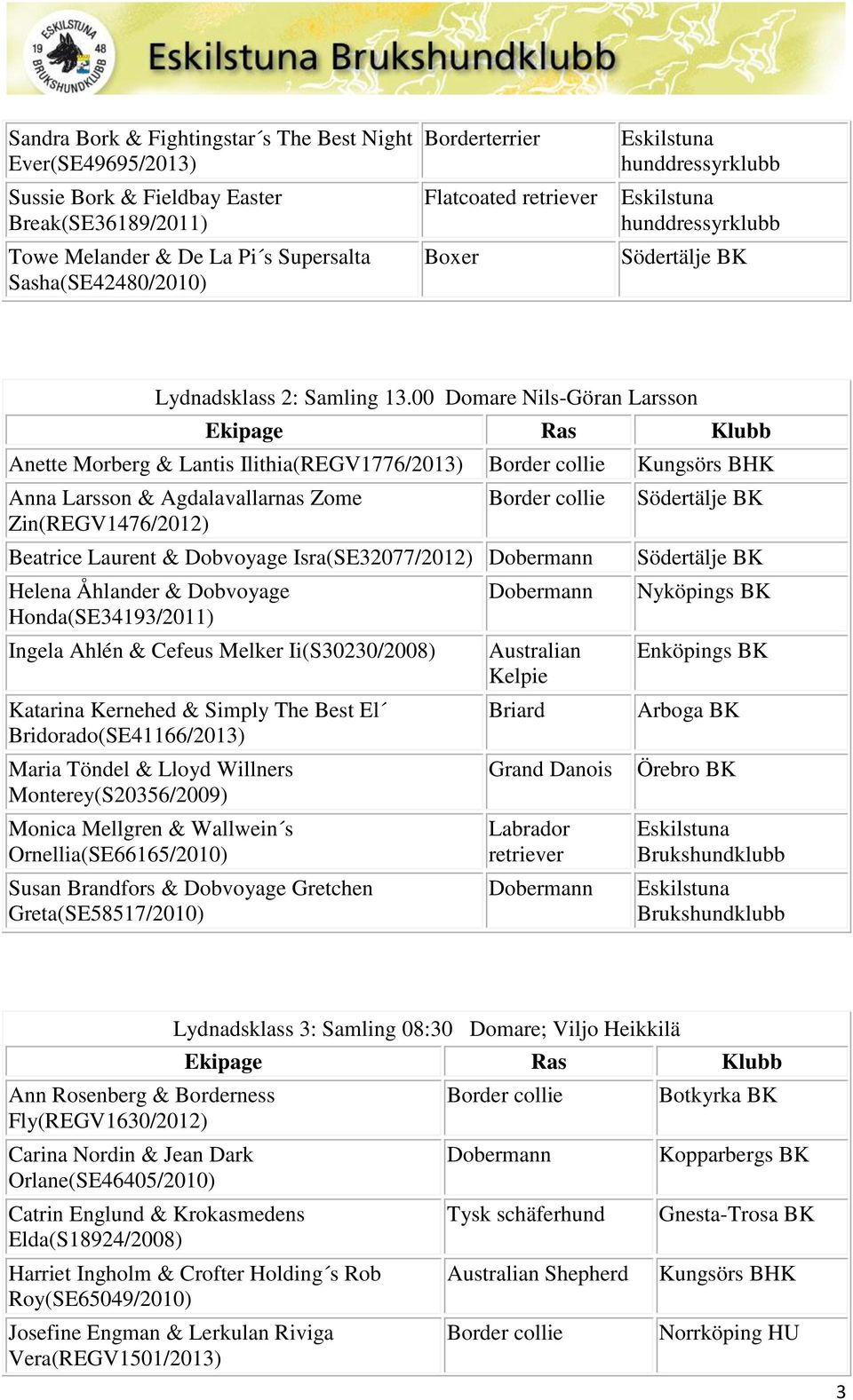 00 Domare Nils-Göran Larsson Anette Morberg & Lantis Ilithia(REGV1776/2013) Anna Larsson & Agdalavallarnas Zome Zin(REGV1476/2012) Beatrice Laurent & Dobvoyage Isra(SE32077/2012) Helena Åhlander &