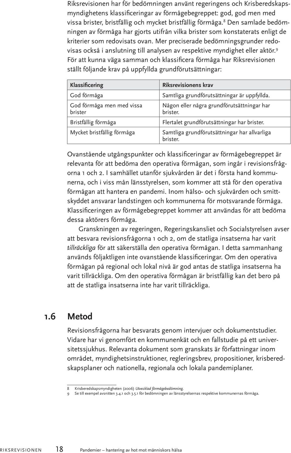 Mer preciserade bedömningsgrunder redovisas också i anslutning till analysen av respektive myndighet eller aktör.