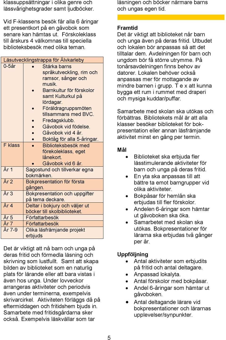 Barnkultur för förskolor samt Kulturkul på lördagar. Föräldragruppsmöten tillsammans med BVC. Fredagsklubb. Gåvobok vid födelse. Gåvobok vid 4 år. Boktåg för alla 5-åringar.