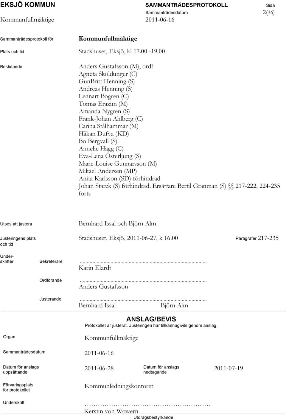 Stålhammar (M) Håkan Dufva (KD) Bo Bergvall (S) Annelie Hägg (C) Eva-Lena Österljung (S) Marie-Louise Gunnarsson (M) Mikael Andersen (MP) Anita Karlsson (SD) förhindrad Johan Starck (S) förhindrad.