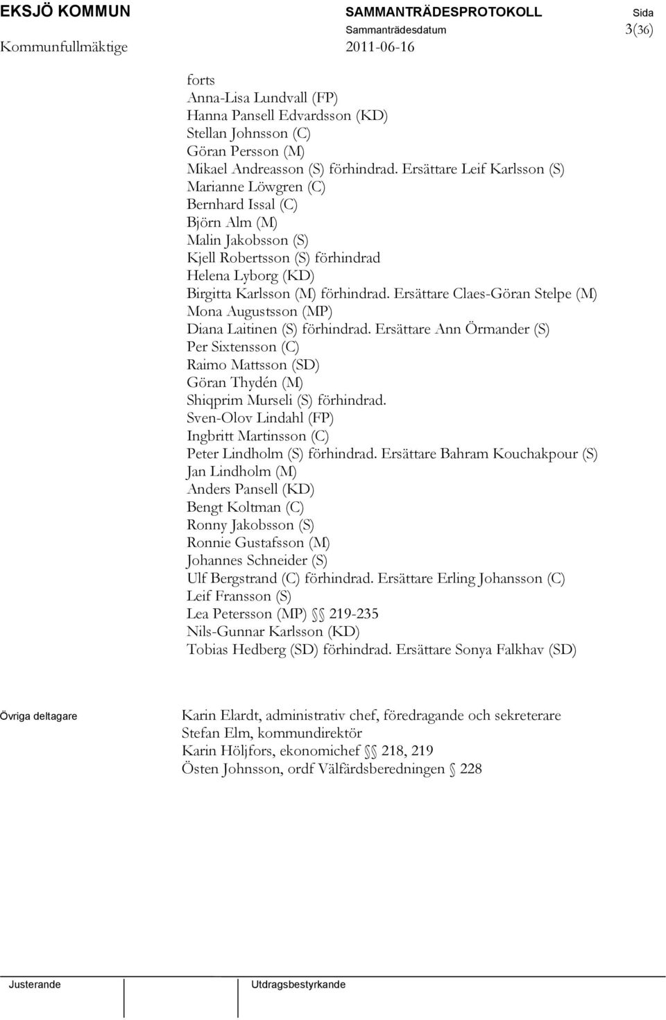 Ersättare Claes-Göran Stelpe (M) Mona Augustsson (MP) Diana Laitinen (S) förhindrad. Ersättare Ann Örmander (S) Per Sixtensson (C) Raimo Mattsson (SD) Göran Thydén (M) Shiqprim Murseli (S) förhindrad.