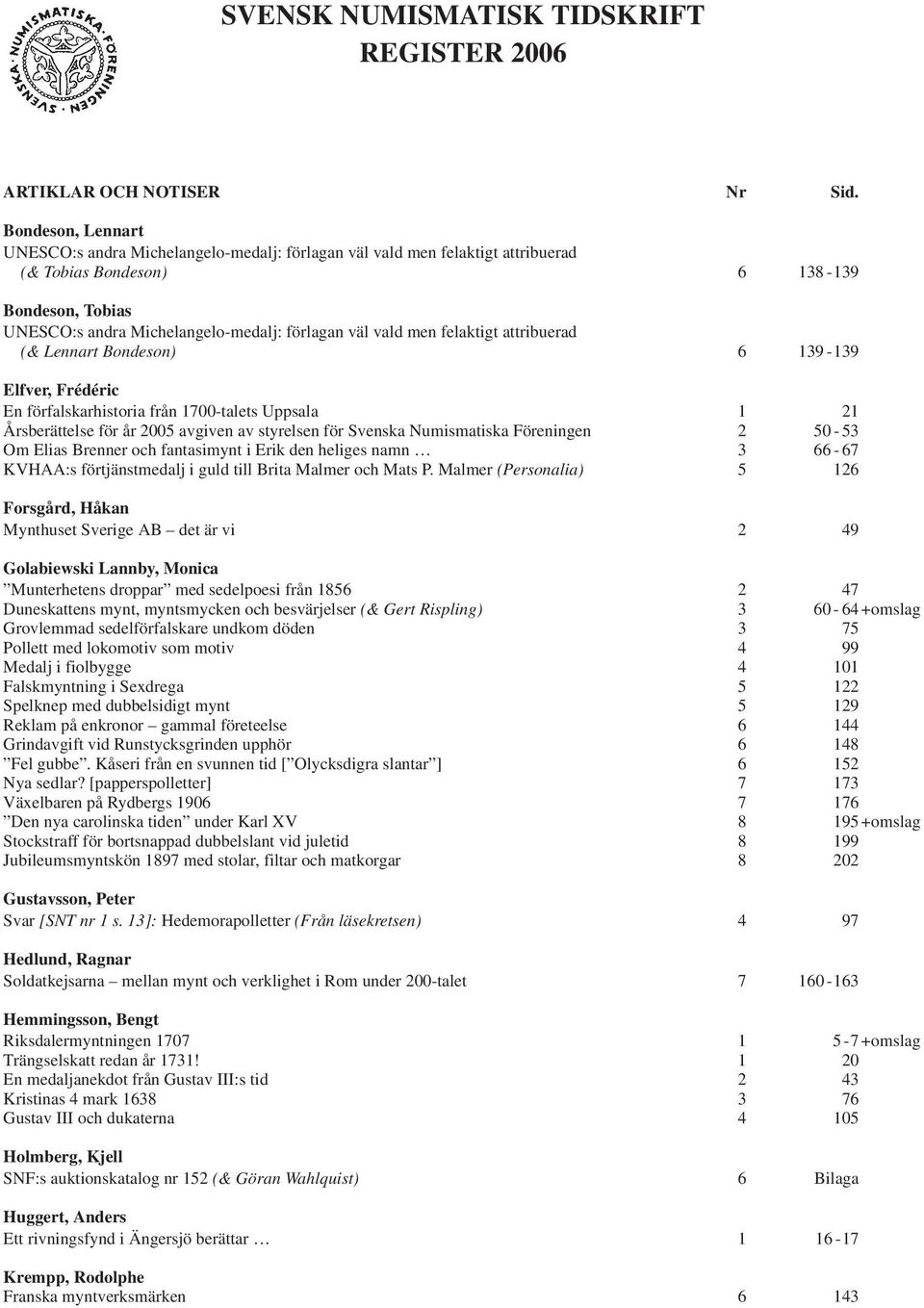 men felaktigt attribuerad (& Lennart Bondeson) 6 139-139 Elfver, Frédéric En förfalskarhistoria från 1700-talets Uppsala 1 21 Årsberättelse för år 2005 avgiven av styrelsen för Svenska Numismatiska