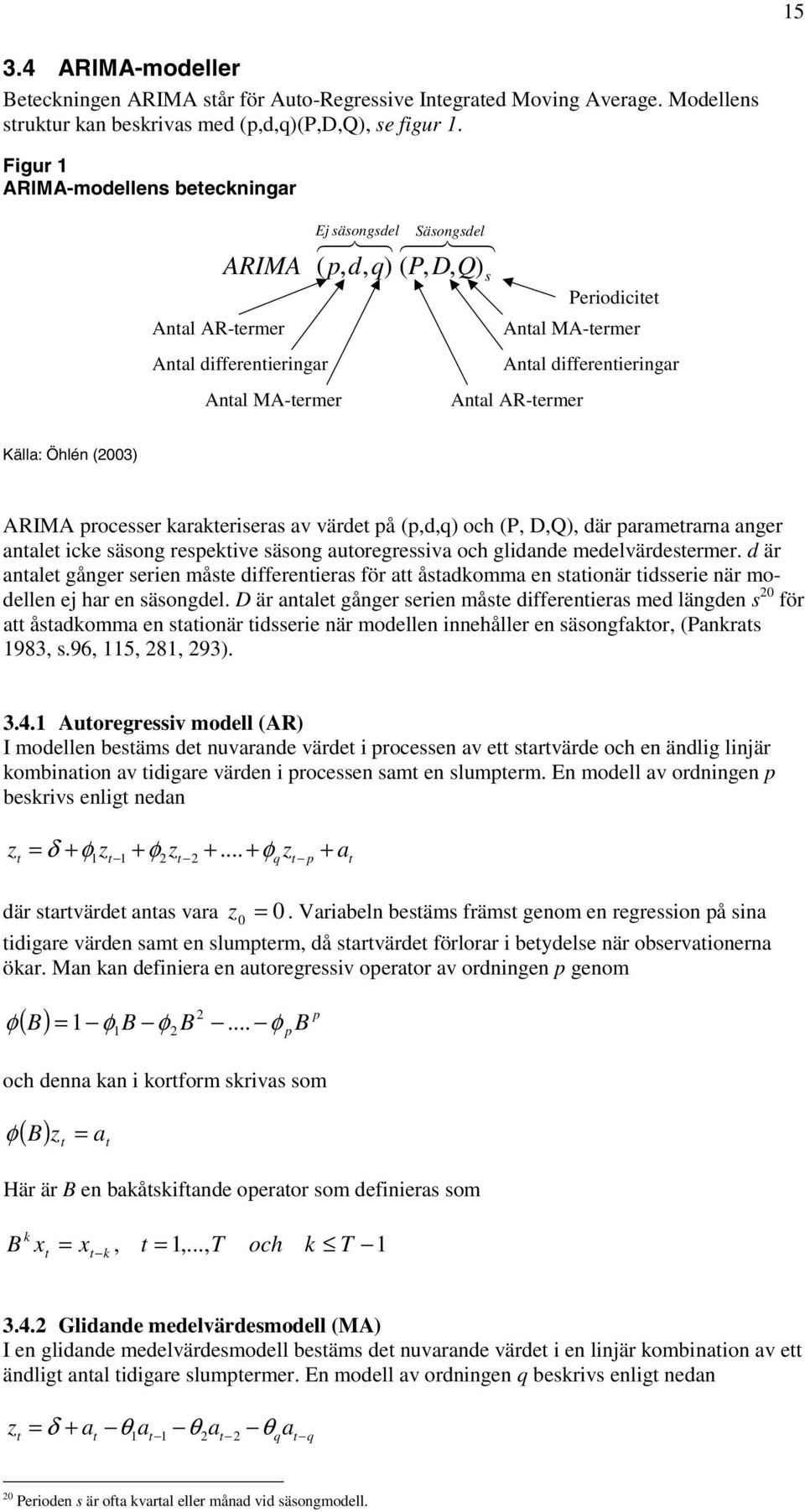 Anal AR-ermer Källa: Öhlén (2003) ARIMA processer karakeriseras av värde på (p,d,q) och (P, D,Q), där paramerarna anger anale icke säsong respekive säsong auoregressiva och glidande medelvärdesermer.