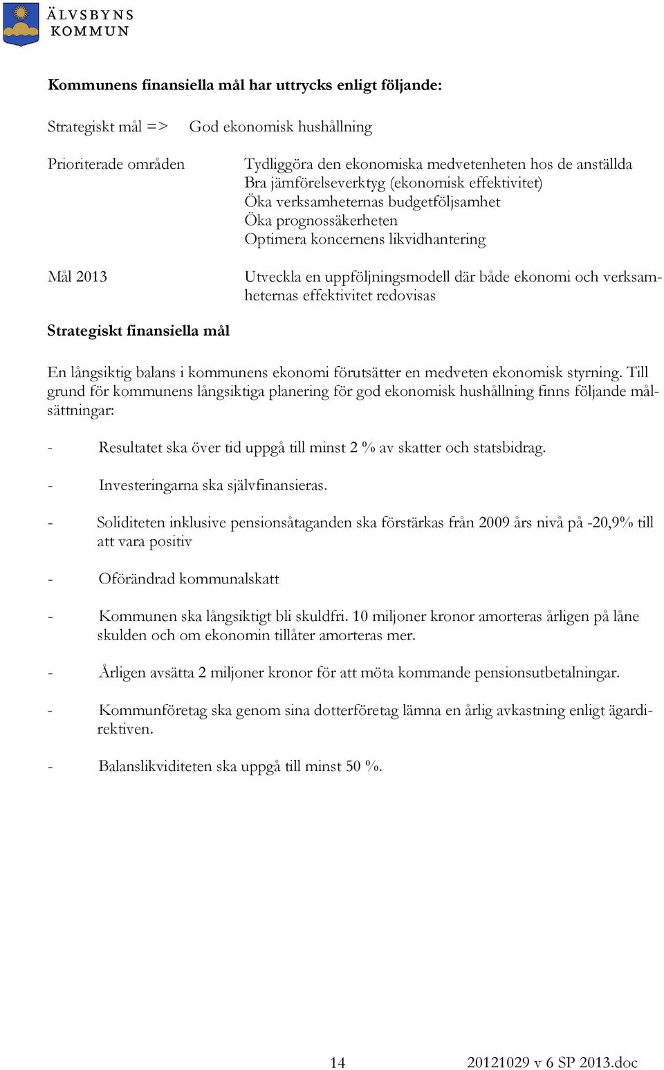 verksamheternas effektivitet redovisas Strategiskt finansiella mål En långsiktig balans i kommunens ekonomi förutsätter en medveten ekonomisk styrning.