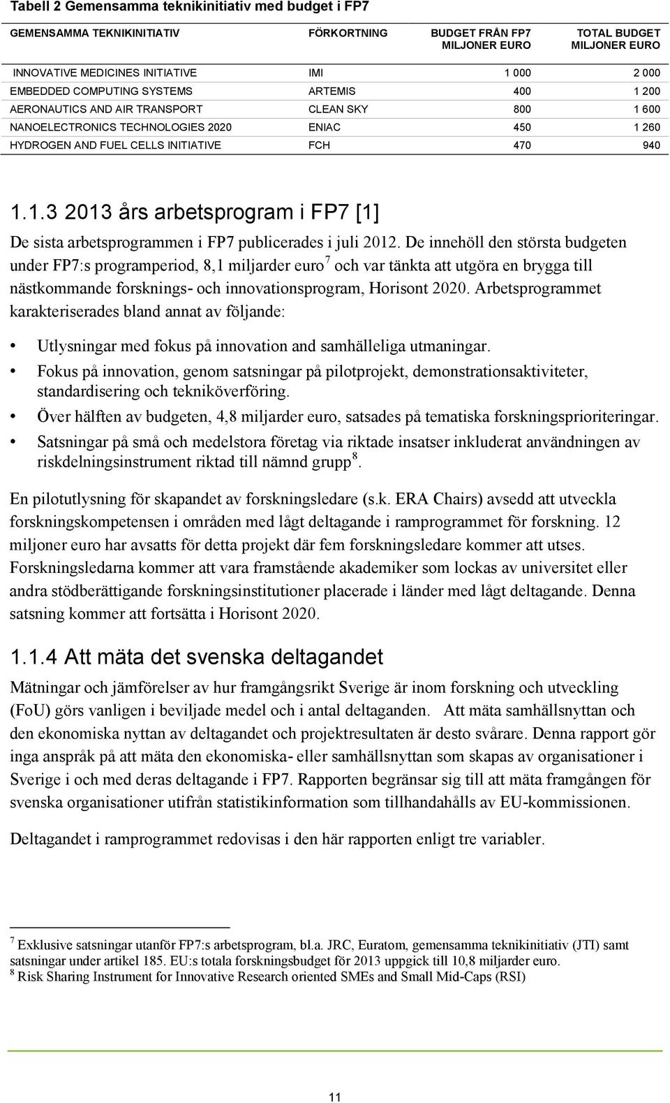 De innehöll den största budgeten under FP7:s programperiod, 8,1 miljarder euro 7 och var tänkta att utgöra en brygga till nästkommande forsknings- och innovationsprogram, Horisont 2020.