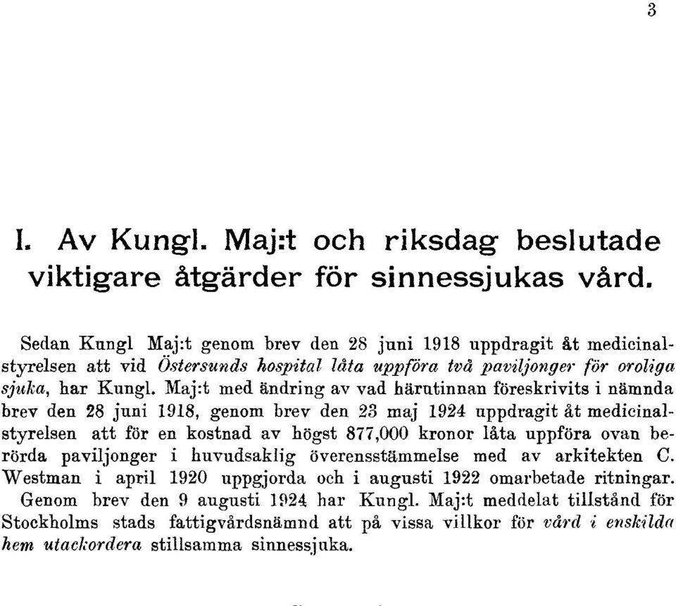 Maj:t med ändring av vad härutinnan föreskrivits i nämnda brev den 28 juni 1918, genom brev den 23 maj 1924 uppdragit åt medicinalstyrelsen att för en kostnad av högst 877,000 kronor låta