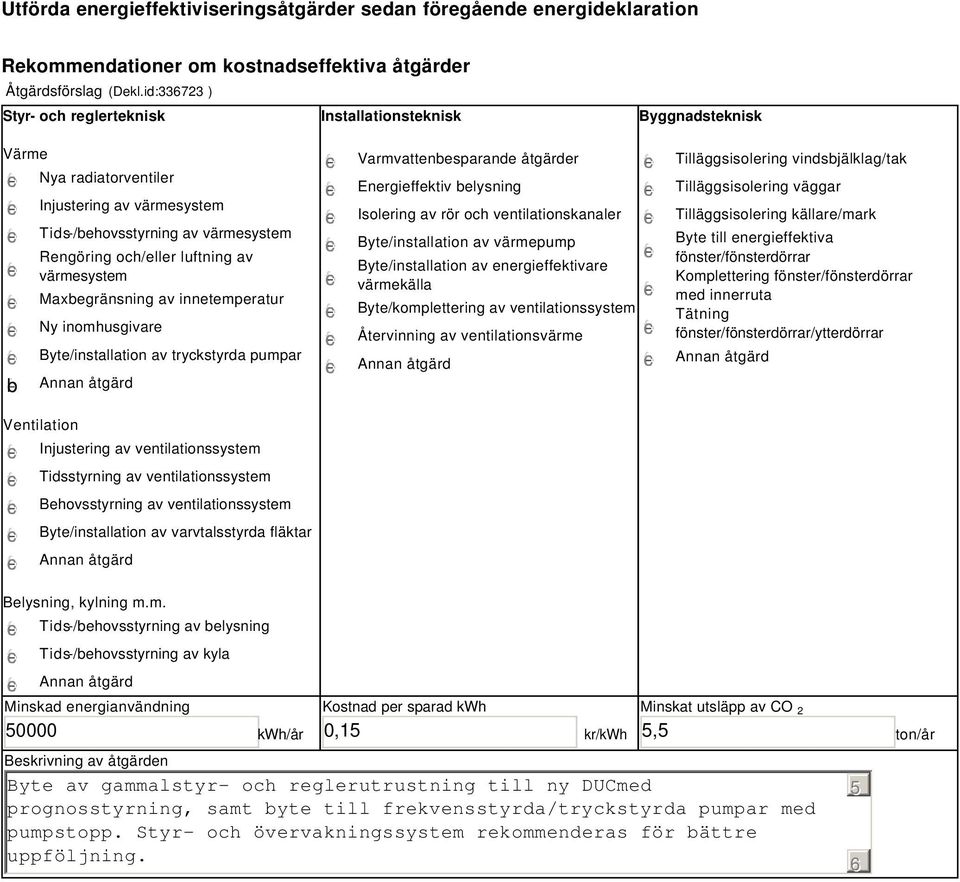 värmesystem Maxbegränsning av innetemperatur Ny inomhusgivare Byte/installation av tryckstyrda pumpar Varmvattenbesparande åtgärder Energieffektiv belysning Isolering av rör och ventilationskanaler