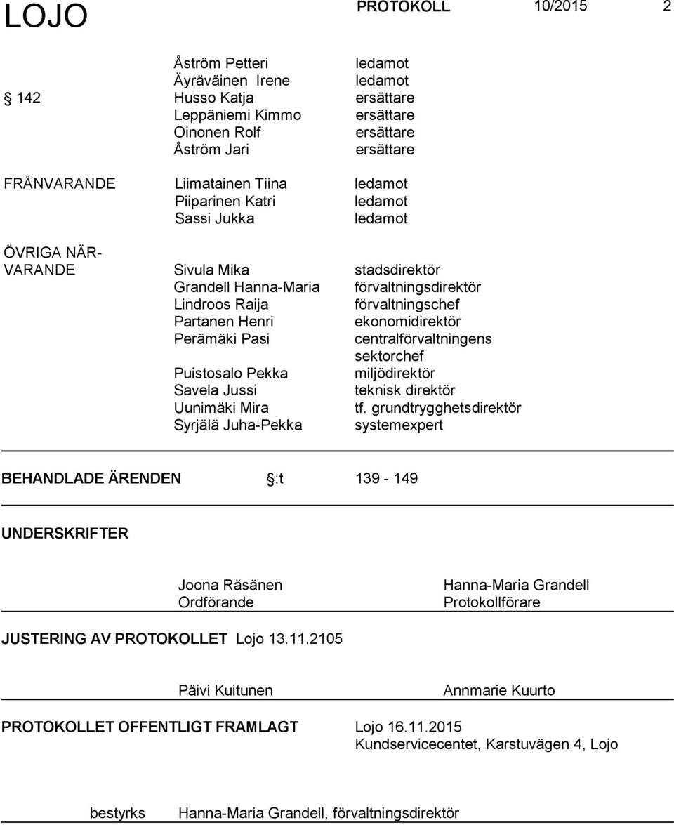 ekonomidirektör Perämäki Pasi centralförvaltningens sektorchef Puistosalo Pekka miljödirektör Savela Jussi teknisk direktör Uunimäki Mira tf.