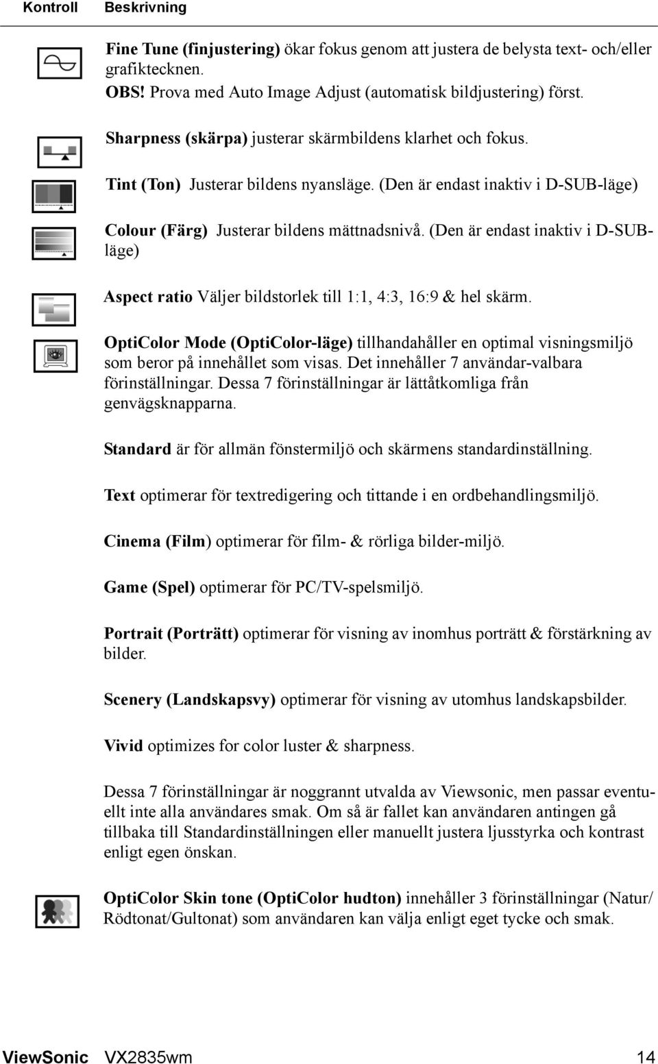 (Den är endast inaktiv i D-SUBläge) Aspect ratio Väljer bildstorlek till 1:1, 4:3, 16:9 & hel skärm.