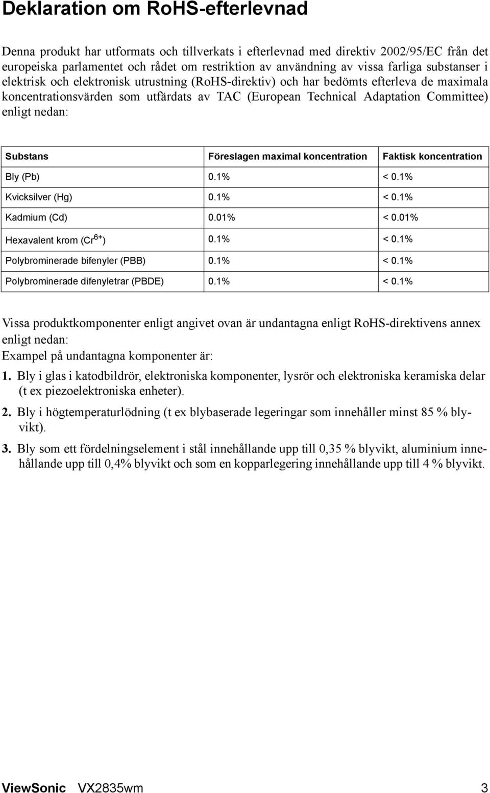 enligt nedan: Substans Föreslagen maximal koncentration Faktisk koncentration Bly (Pb) 0.1% < 0.1% Kvicksilver (Hg) 0.1% < 0.1% Kadmium (Cd) 0.01% < 0.01% Hexavalent krom (Cr 6+ ) 0.1% < 0.1% Polybrominerade bifenyler (PBB) 0.