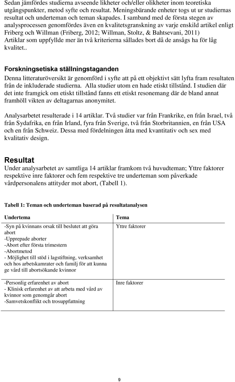 I samband med de första stegen av analysprocessen genomfördes även en kvalitetsgranskning av varje enskild artikel enligt Friberg och Willman (Friberg, 2012; Willman, Stoltz, & Bahtsevani, 2011)