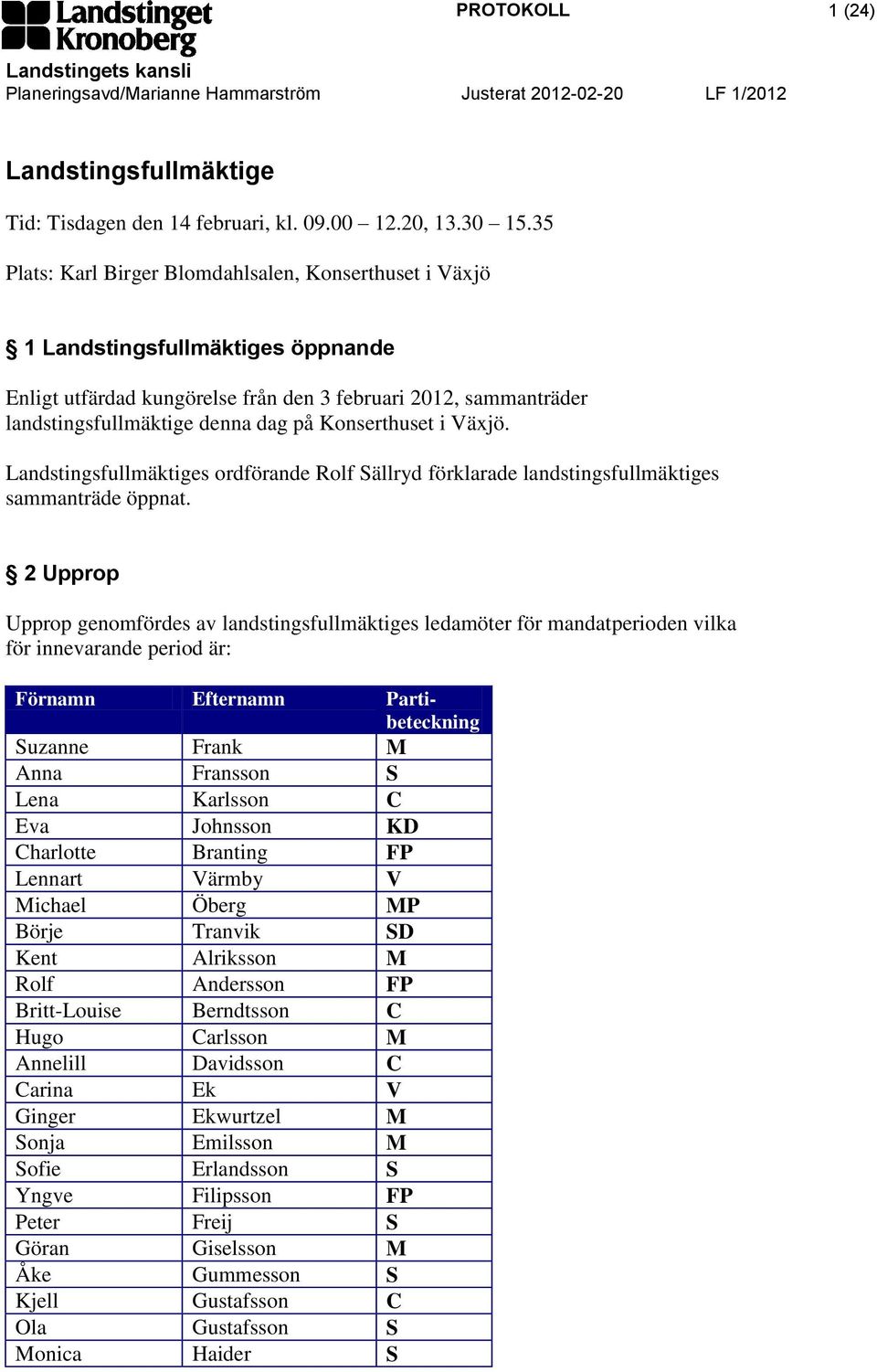 Konserthuset i Växjö. Landstingsfullmäktiges ordförande Rolf Sällryd förklarade landstingsfullmäktiges sammanträde öppnat.