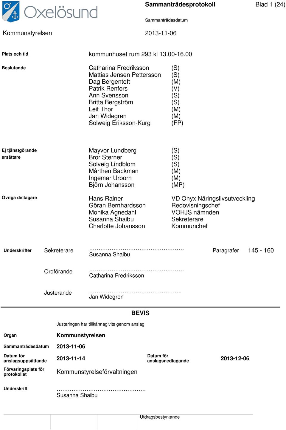 (FP) Ej tjänstgörande Mayvor Lundberg (S) ersättare Bror Sterner (S) Solveig Lindblom (S) Mårthen Backman (M) Ingemar Urborn (M) Björn Johansson (MP) Övriga deltagare Hans Rainer VD Onyx