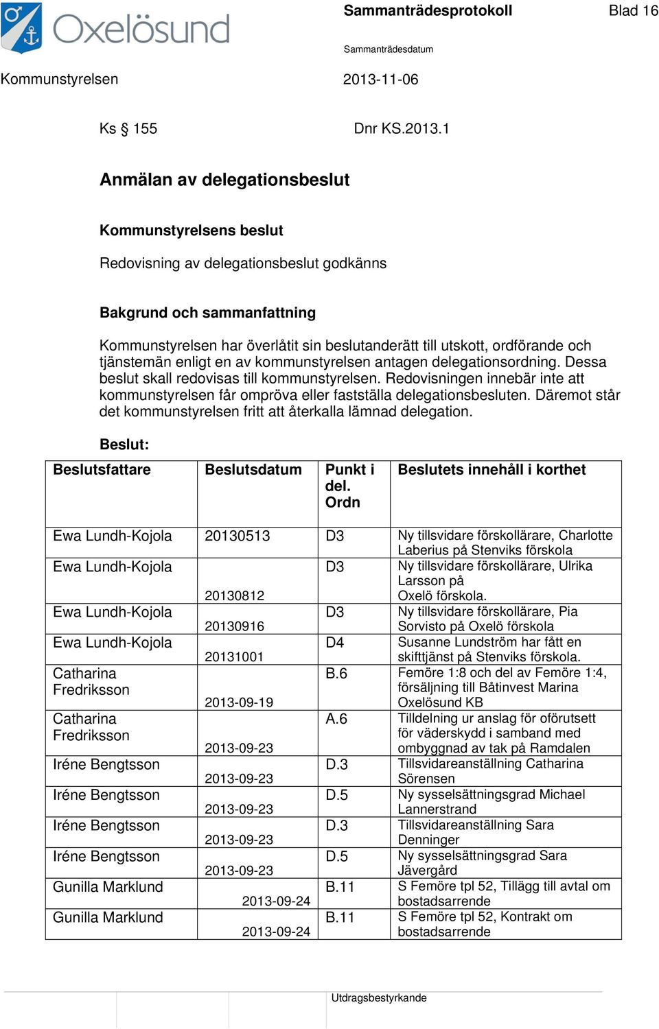 och tjänstemän enligt en av kommunstyrelsen antagen delegationsordning. Dessa beslut skall redovisas till kommunstyrelsen.