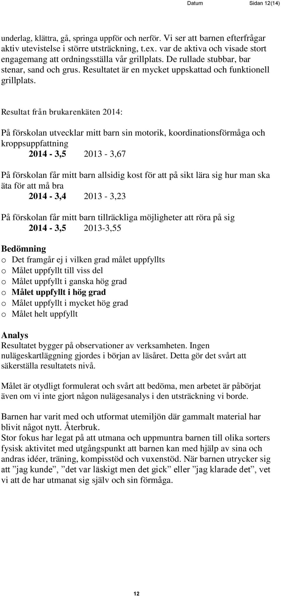 Resultat från brukarenkäten 2014: På förskolan utvecklar mitt barn sin motorik, koordinationsförmåga och kroppsuppfattning 2014-3,5 2013-3,67 På förskolan får mitt barn allsidig kost för att på sikt