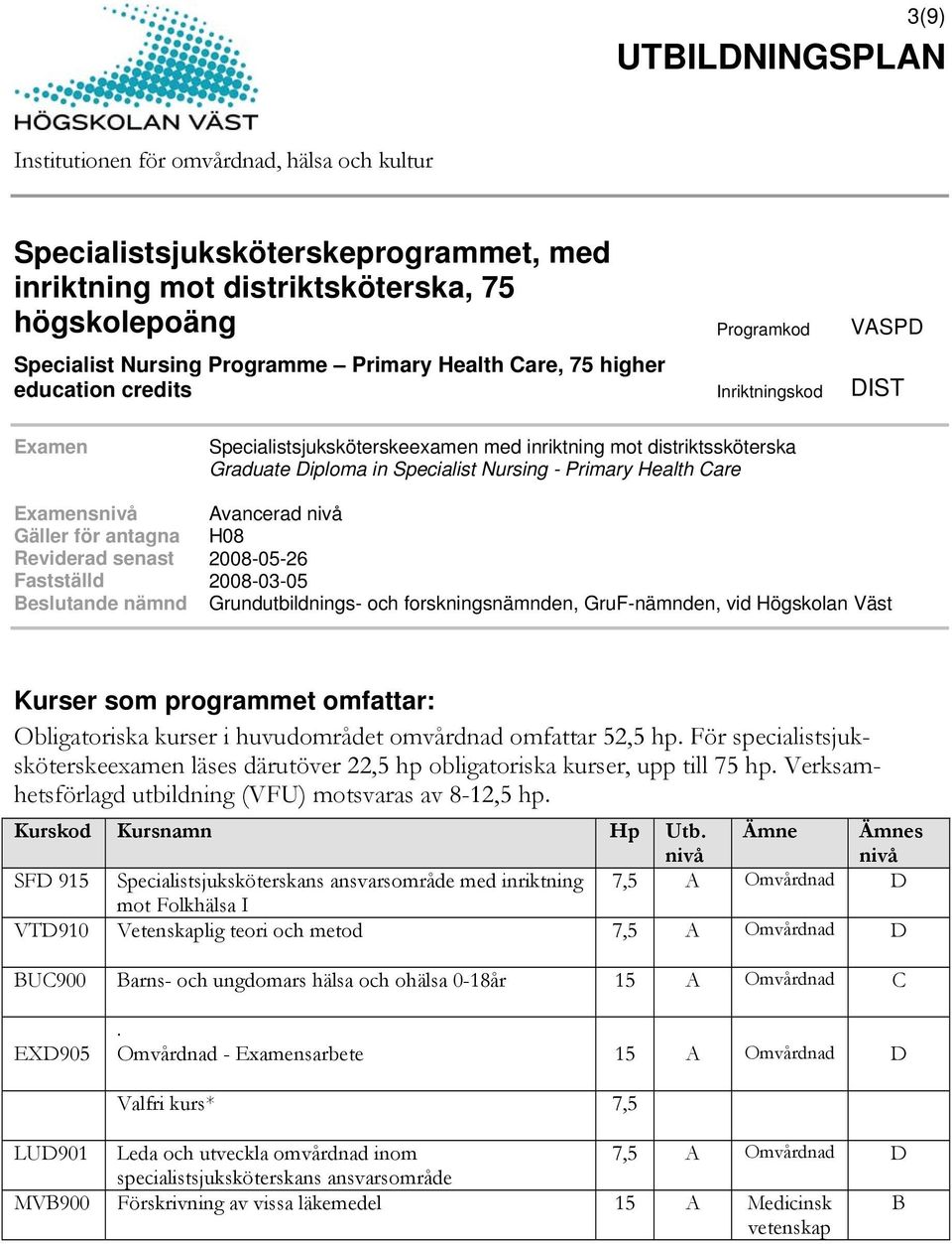 Obligatoriska kurser i huvudområdet omvårdnad omfattar 52,5 hp. För specialistsjuksköterskeexamen läses därutöver 22,5 hp obligatoriska kurser, upp till 75 hp.