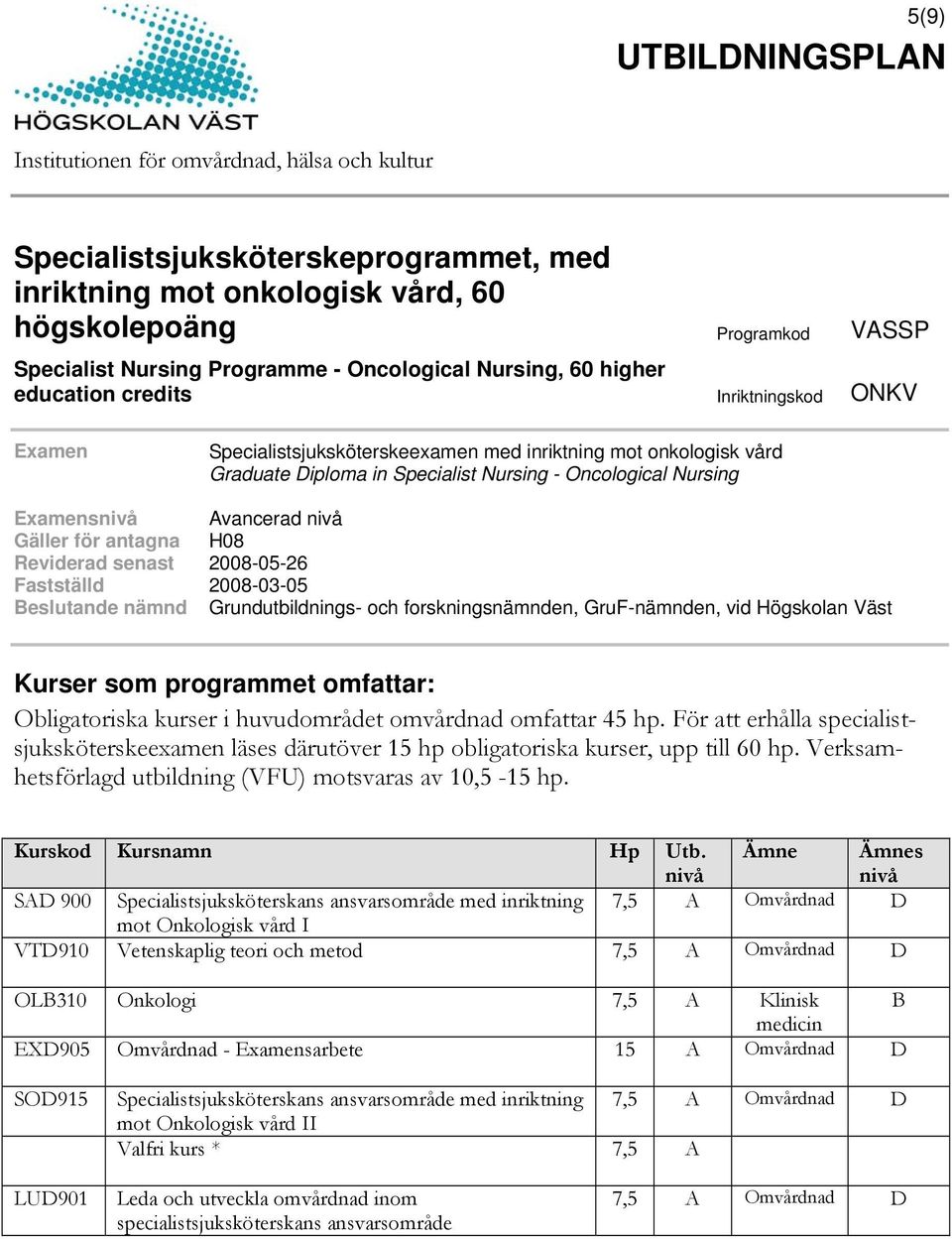 Obligatoriska kurser i huvudområdet omvårdnad omfattar 45 hp. För att erhålla specialistsjuksköterskeexamen läses därutöver 15 hp obligatoriska kurser, upp till 60 hp.