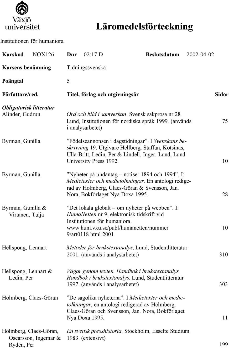 (används i analysarbetet) 75 Byrman, Gunilla Födelseannonsen i dagstidningar. I Svenskans beskrivning 19. Utgivare Hellberg, Staffan, Kotsinas, Ulla-Britt, Ledin, Per & Lindell, Inger.