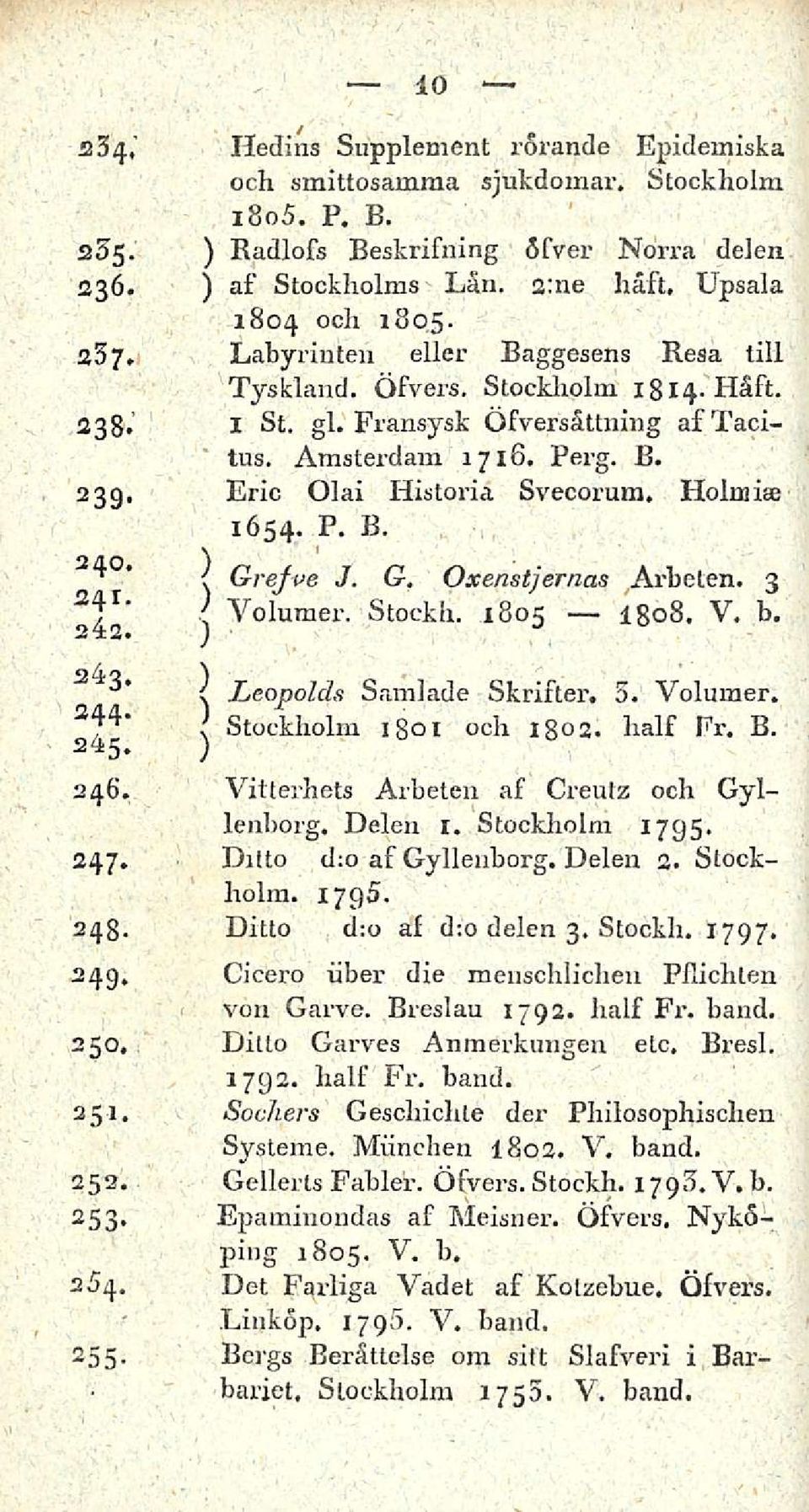 Holm ia) 1654. P. B. 240. } Grejve J. G. Oxenstjernas Arbelen. 3 2,^1. j Yolumer. Stockh. 1805 V. b. 242. a4s. Leopolds Samlade Skrifter. 3. Volumer. S44- Stockholm 1 ot och 1802. half Fr. B. 245.