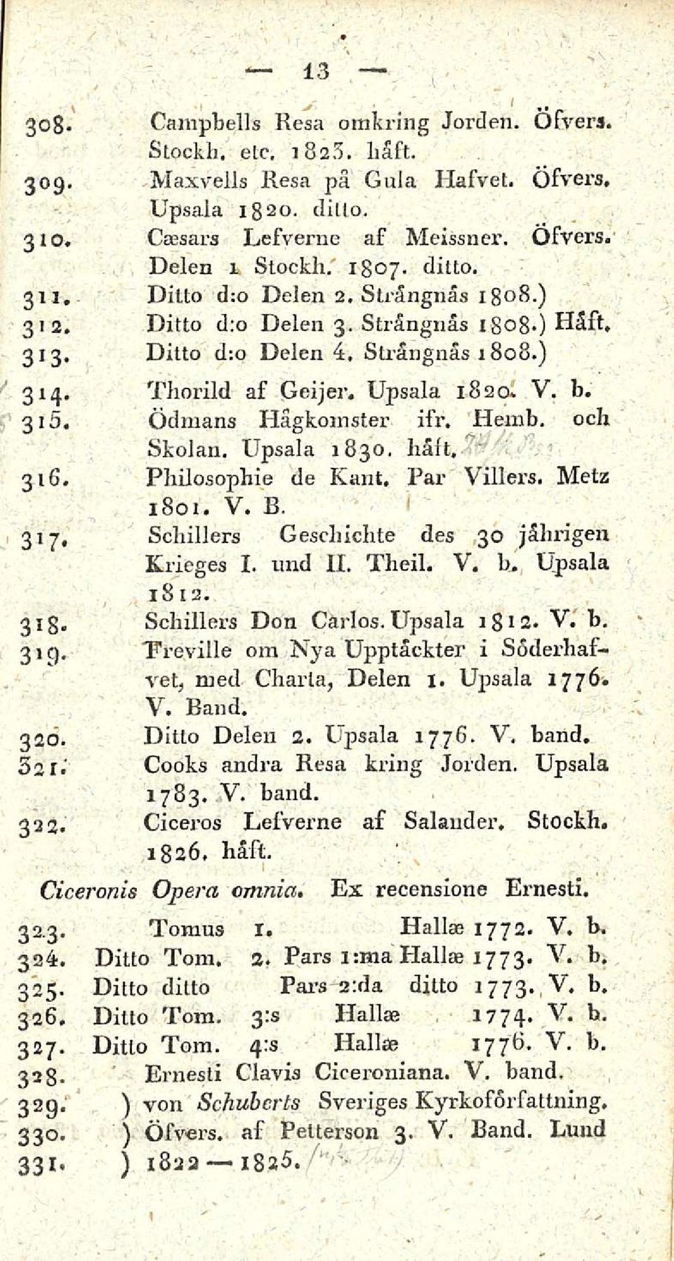 Ödmans Hågkoinster ifr. Hemb. och Skolan. Upsala 1830. hait, 316. Philosophie de Kant, Par Villers. Metz 1801. V. B. 317, Schillers Gescliichte des 30 jåhrigen Krieges I. und II. Theil. V. b, Upsala 1812.