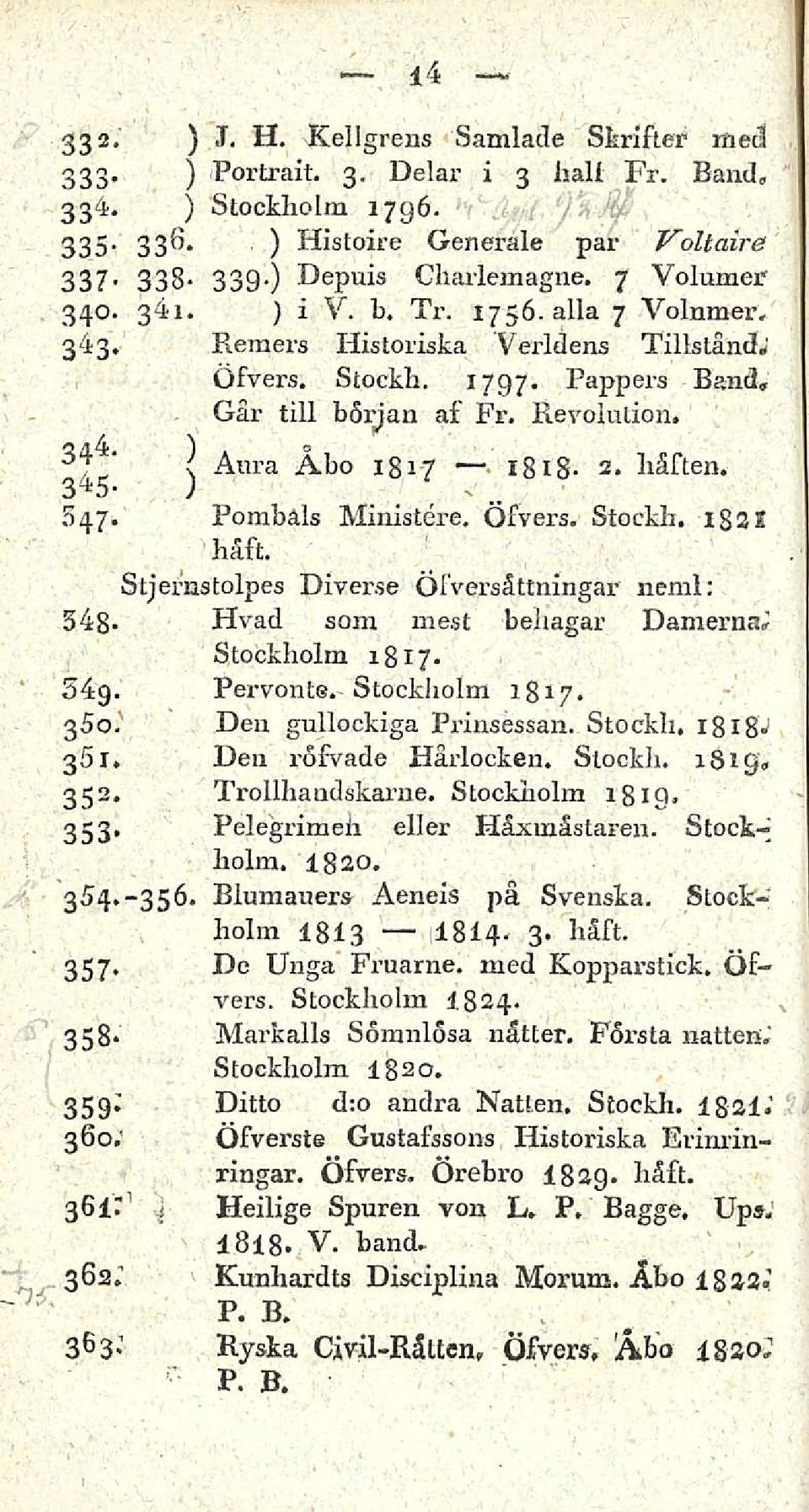 Aura Åbo xgi/ S- 2. häften. J / N 547. Pombäls Ministere, Öfvers. Stockh. igs 2 häft. Stjernstolpes Diver.se Ölversåttningar neml: 54g- Hvad soin mest behagar Damernai Stockholm 1817. 34g. Pervonte.