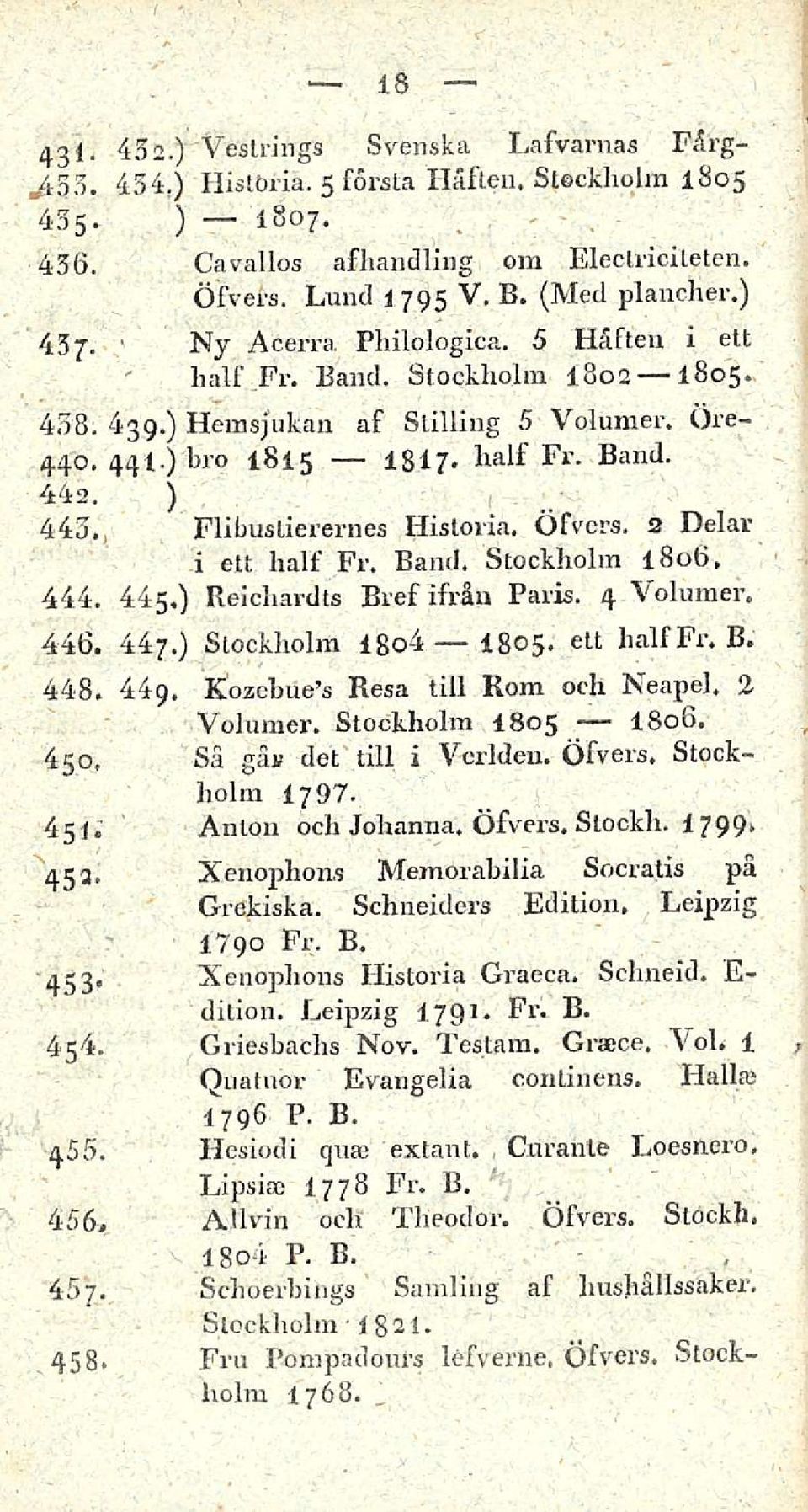 , Flibustierernes Historia. Öfvers. 2 Delar i ett half Fr. Band. Stockholm 1806, 444. 445.) Reichardts Bref ifråu Paris. 4 Volumer. 446. 447.) Stockholm 18o4 eh halffr. B. 448.