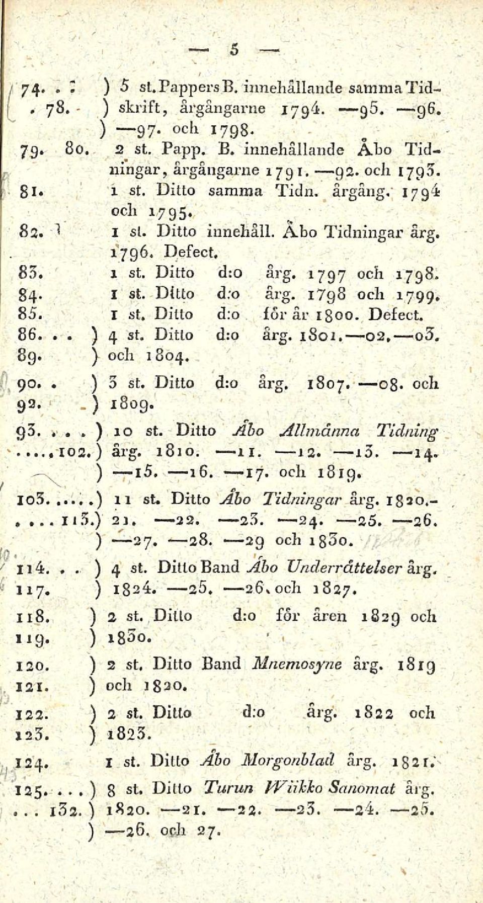 Defect... 86. ) 4 st, Ditto d:o årg. 1801.02, o3. 89. ) och 1804.. 90. ) 3 st. Ditto d:o årg. 1807. og. och 93. ) 1809. g3..,. ) 10 st. Ditto Aho Allmånna Tidning 102.) årg. 1810. il. 12. 13. 14.