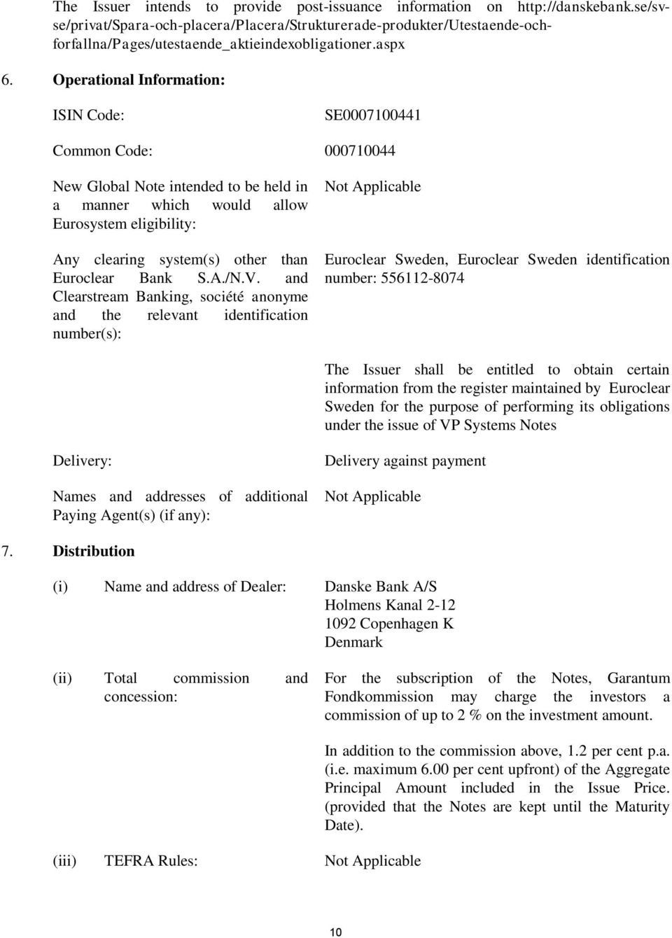 Operational Information: ISIN Code: SE0007100441 Common Code: 000710044 New Global Note intended to be held in a manner which would allow Eurosystem eligibility: Any clearing system(s) other than