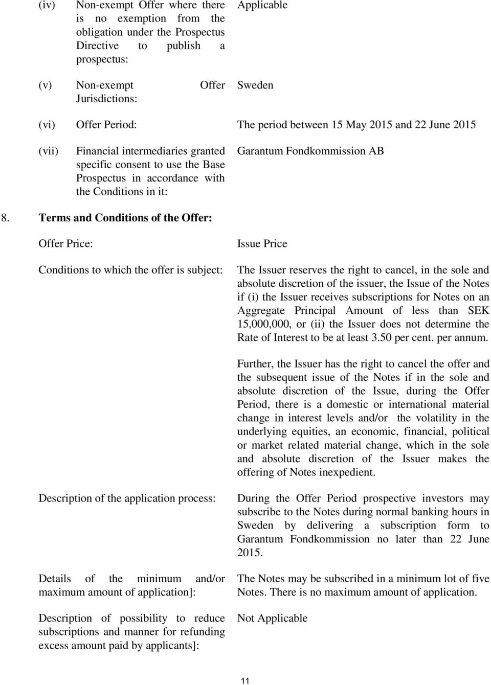 8. Terms and Conditions of the Offer: Offer Price: Conditions to which the offer is subject: Issue Price The Issuer reserves the right to cancel, in the sole and absolute discretion of the issuer,