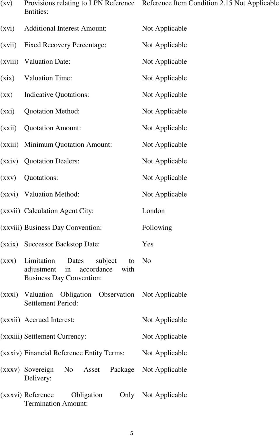 (xxiii) Minimum Quotation Amount: (xxiv) Quotation Dealers: (xxv) Quotations: (xxvi) Valuation Method: (xxvii) Calculation Agent City: (xxviii) Business Day Convention: (xxix) Successor Backstop