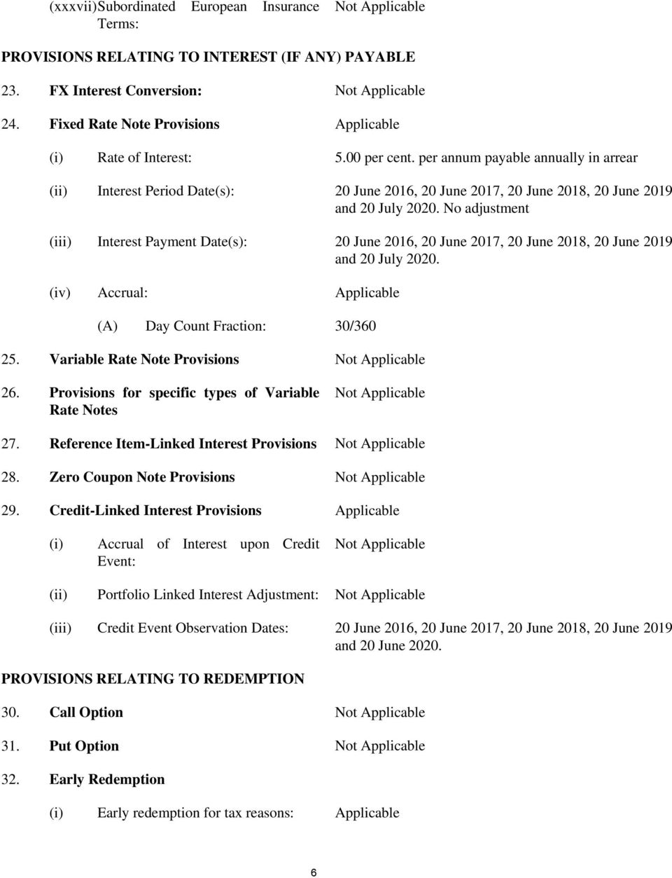 No adjustment (iii) Interest Payment Date(s): 20 June 2016, 20 June 2017, 20 June 2018, 20 June 2019 and 20 July 2020. (iv) Accrual: Applicable (A) Day Count Fraction: 30/360 25.