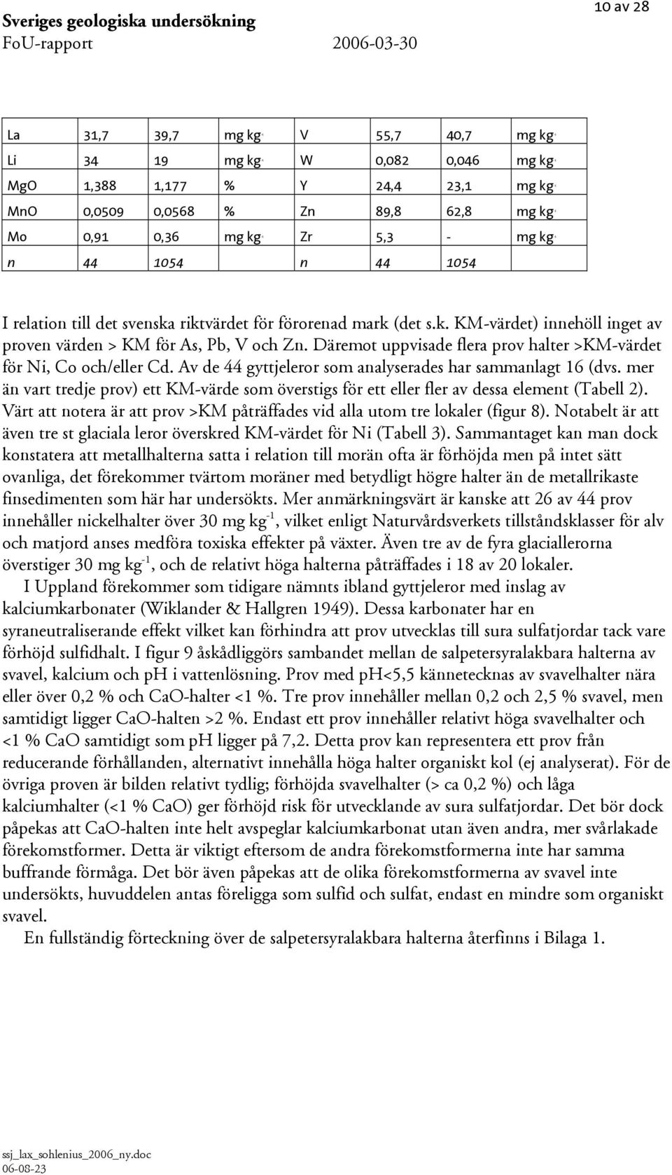 Däremot uppvisade flera prov halter >KM-värdet för Ni, Co och/eller Cd. Av de 44 gyttjeleror som analyserades har sammanlagt 16 (dvs.